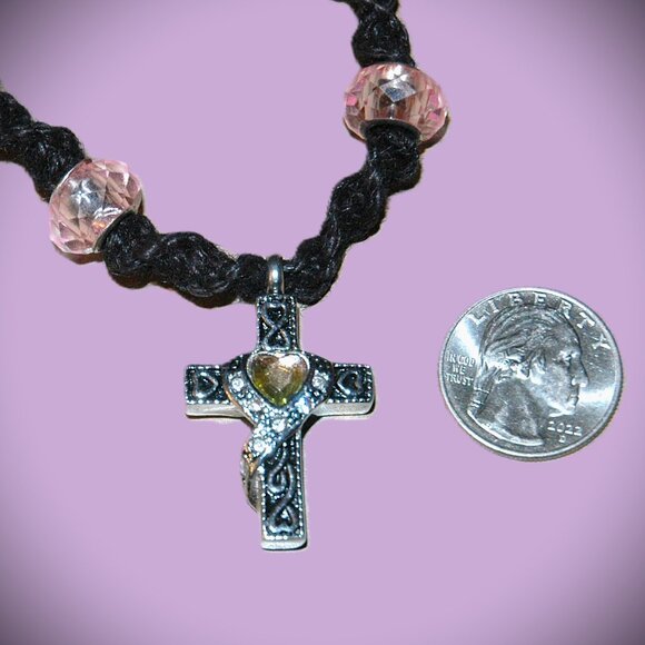 Silver Tone Cross with a Heart Rhinestone on Handmade Black Hemp Choker 16 1/4" - Picture 3 of 4